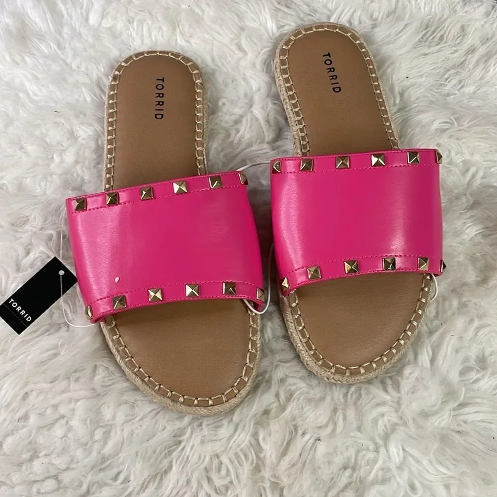 TORRID Hot Pink Studded Faux Leather Slide Sandals Espadrille Size 9 WW Wide NEW